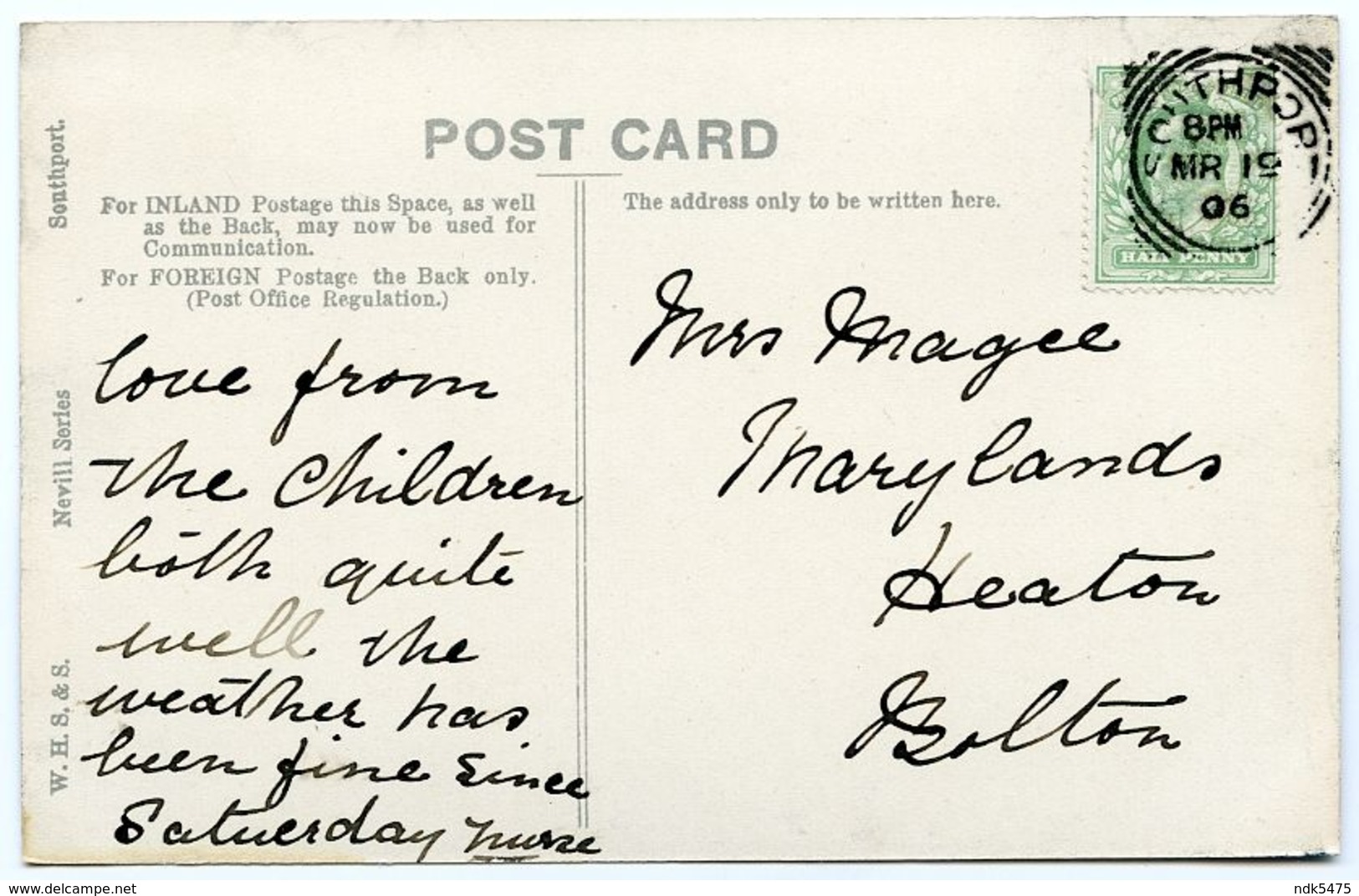 SOUTHPORT : THE BOULEVARD / POSTMARK - SOUTHPORT (SQUARE CIRCLE) / ADDRESS - BOLTON, HEATON, MARYLAND - Southport