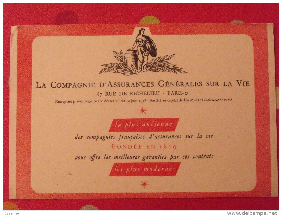 Buvard Compagnie D'assurances Générales Sur La Vie. Vers 1950 - Bank & Insurance