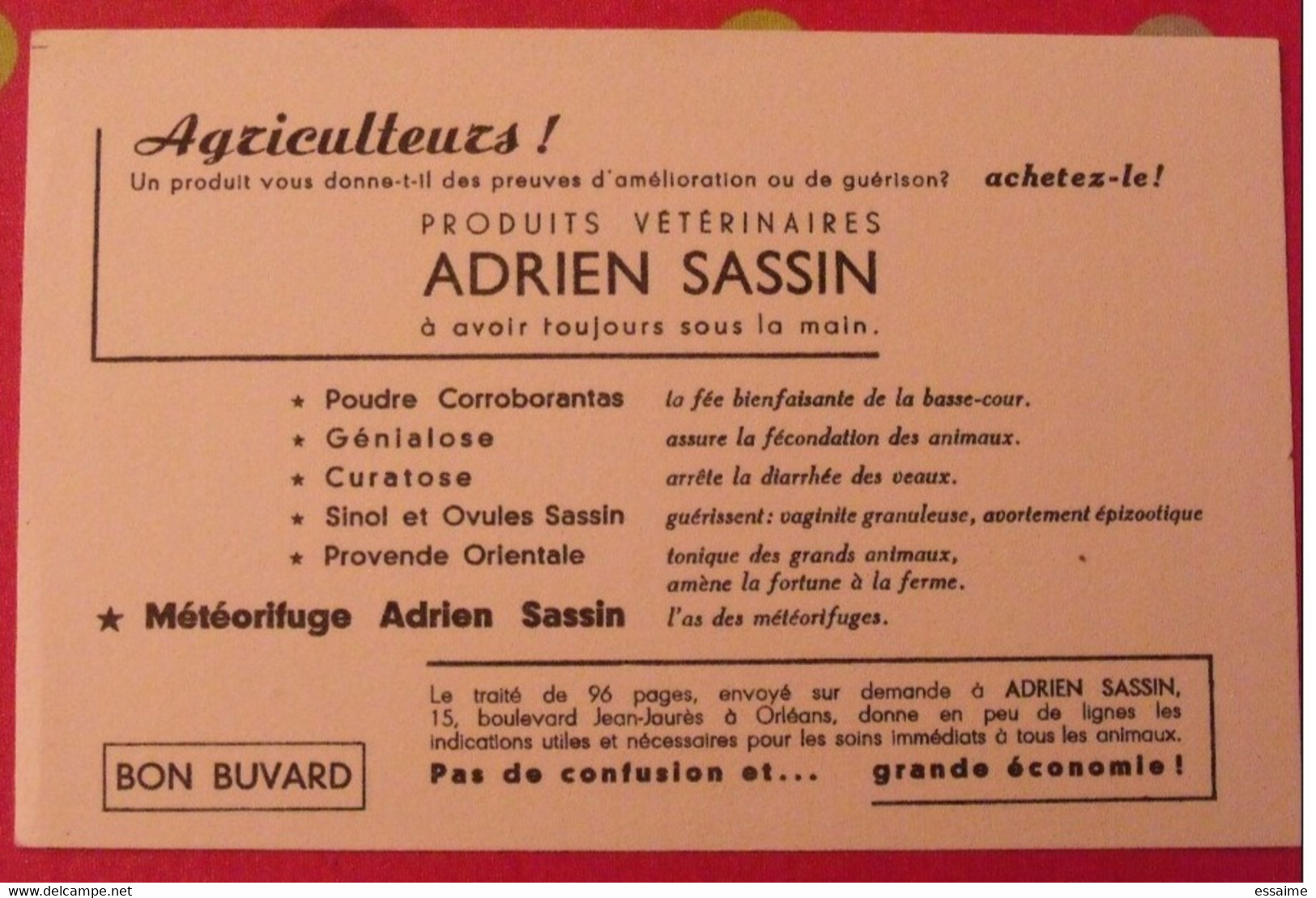 Buvard Produits Vétérinaires Adrien Sassin. Météorifuge. Vers 1950 - Landwirtschaft