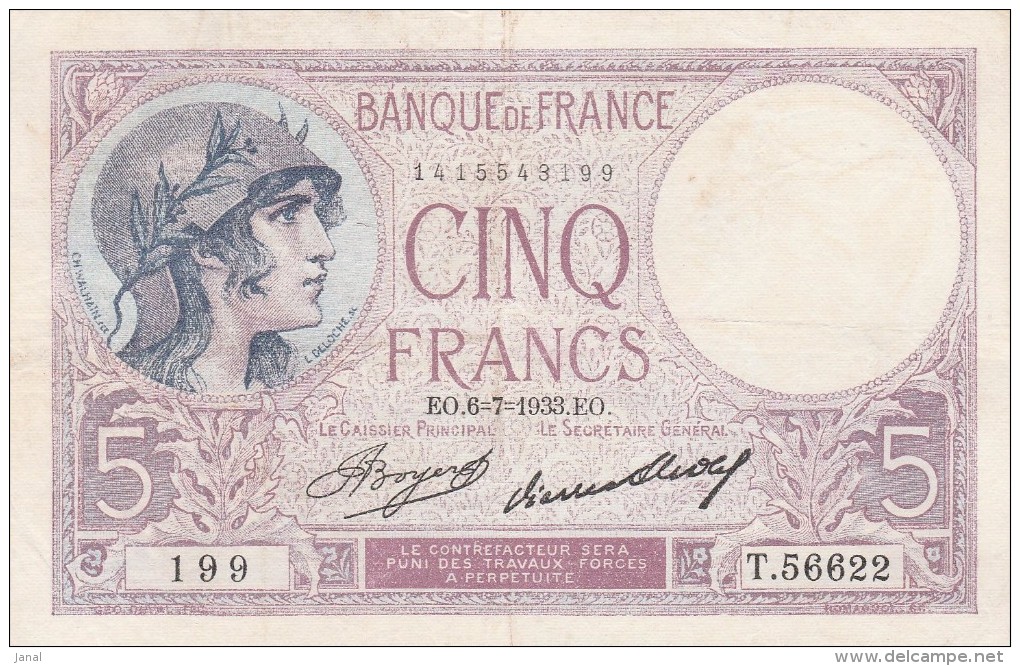 BILLETS - 5 F VIOLET - E O . 6=7=1933 .EO - N°199 - T . 56622 - 5 F 1917-1940 ''Violet''