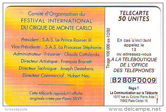 17 ème FESTIVAL DE MONTE CARLO 1993 - TELECARTE 50 U - Tirage 100 000 Ex - Le PRINCE RAINIER III - PIERRE SILVY - Mónaco