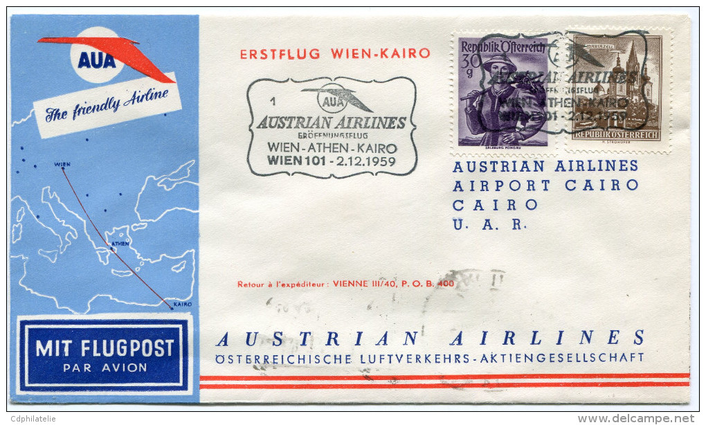 AUTRICHE PREMIER VOL AUA WIEN - CAIRO DEPART WIEN 2-12-1959 - Eerste Vluchten