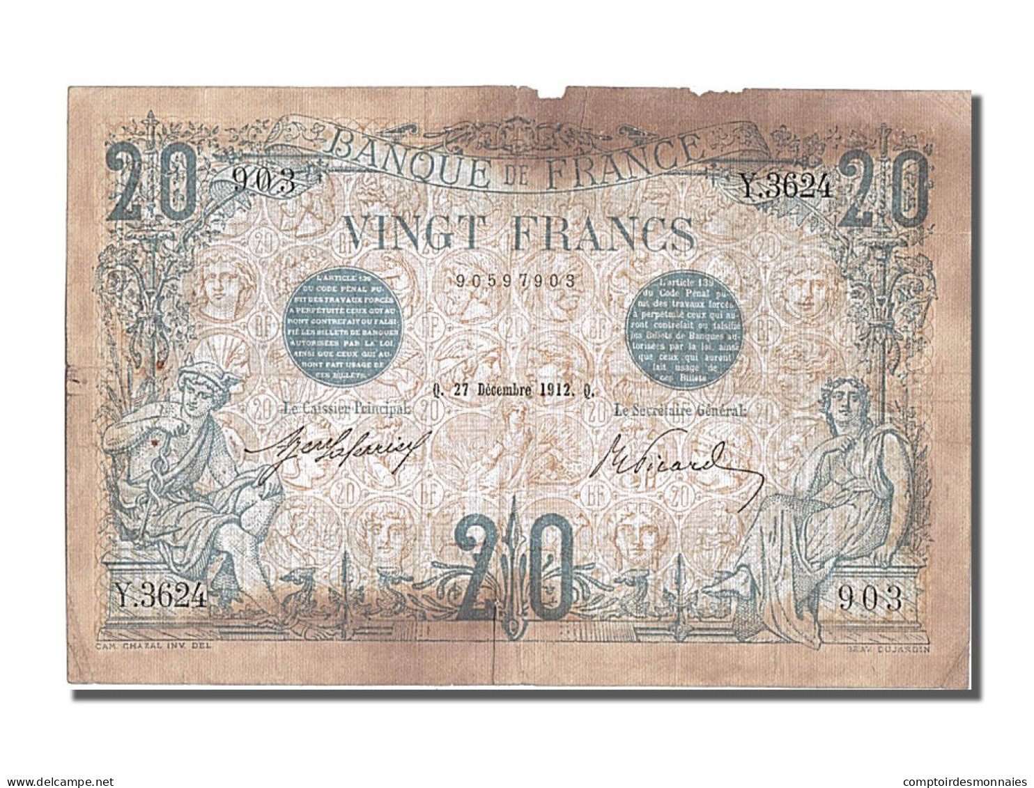 Billet, France, 20 Francs, 20 F 1905-1913 ''Bleu'', 1912, 1912-12-27, TB+ - 20 F 1905-1913 ''Bleu''