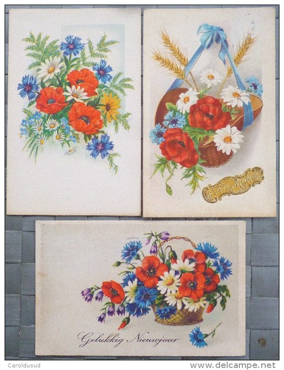 Cpa LOT 7X Litho Relief ILLUSTRATEUR Theme Fleur De France Bleuet Marguerite Coquelicot Voir Details - Colecciones Y Lotes