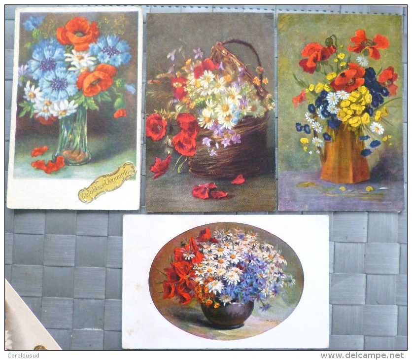 Cpa LOT 7X Litho Relief ILLUSTRATEUR Theme Fleur De France Bleuet Marguerite Coquelicot Voir Details - Colecciones Y Lotes