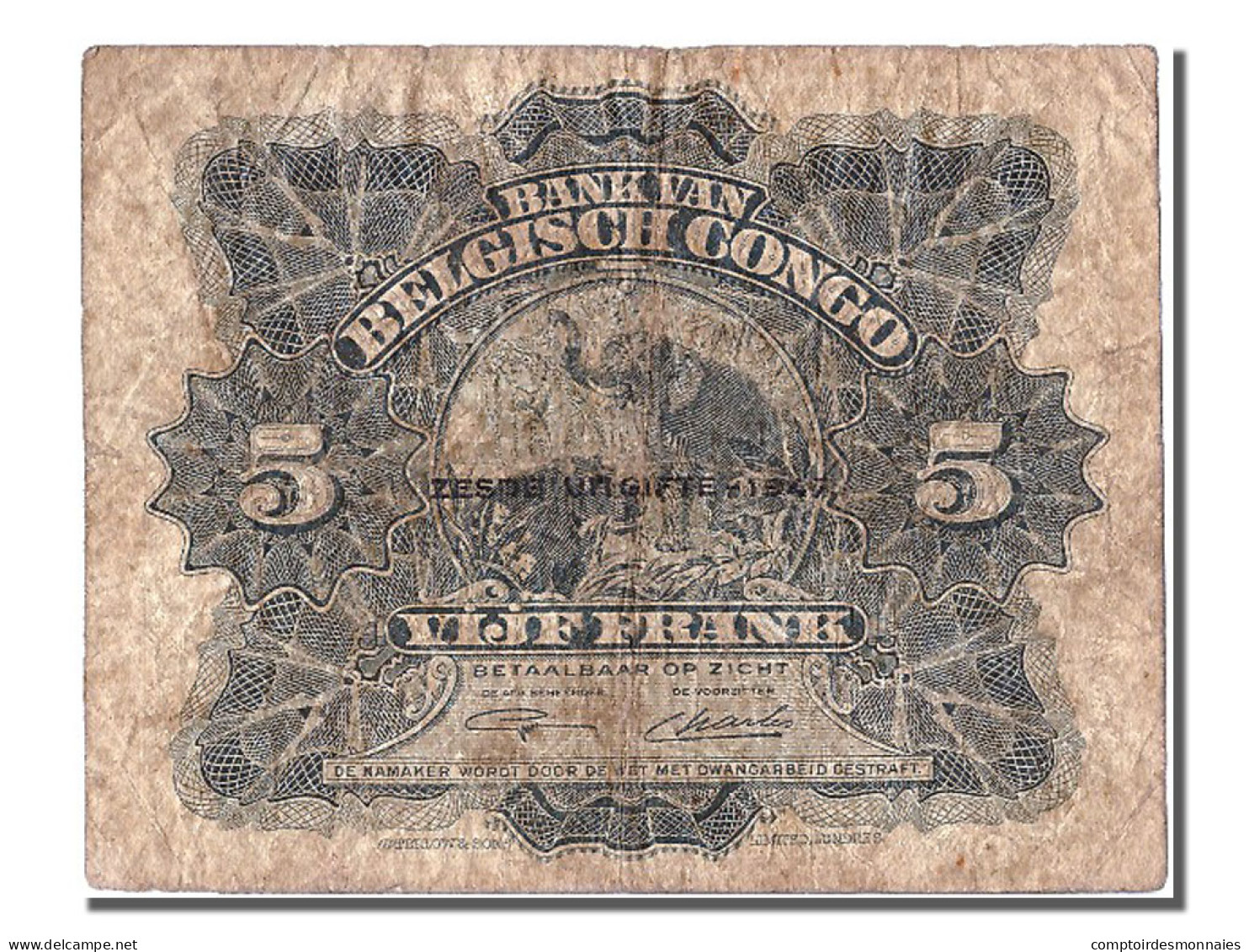 Billet, Congo Belge, 5 Francs, 1947, 1947-04-10, TB - Banque Du Congo Belge