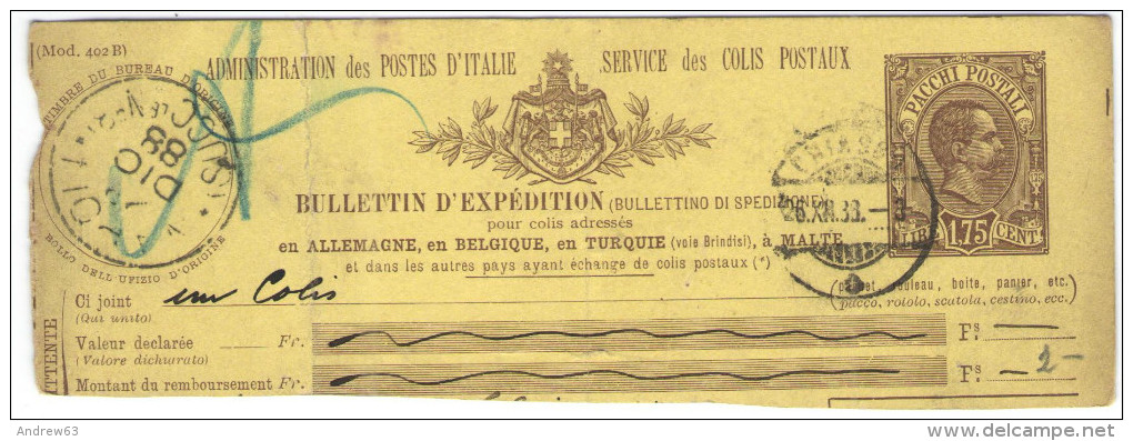 REGNO D'ITALIA - 1895 - PACCHI POSTALI - MOD. 402B - £ 1,75 BILINGUE - Frammento-Fragment - BULLETTINO DI SPEDIZIONE ... - Colis-postaux