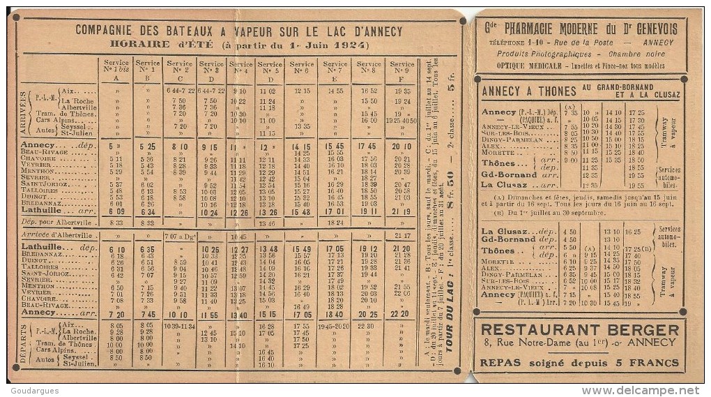 Annecy 1924 - Horaire Des Guides Bricet - Compagnie Des Bateaux à Vapeur Sur Le Lac - P.L.M. - Annecy-Thones - Europa