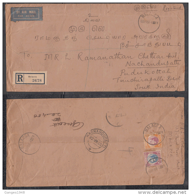 Malacca 1950 KG VI  $1 And 25c On Registered Cover To India  # 88230  Inde Indien  India - Malacca