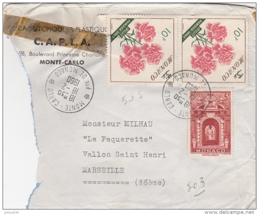 MONACO Yvert  515 X 2 + 503 Sur Fragment Lettre Entête CAPLA Caoutchouc Plastique Cachet Monte Carlo 1960 - Lettres & Documents