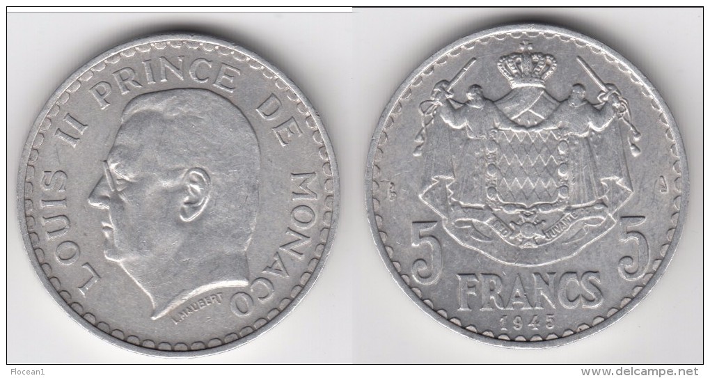 MONACO **** 5 FRANCS 1945 - ALUMINIUM - LOUIS II **** EN ACHAT IMMEDIAT !!! - 1922-1949 Louis II