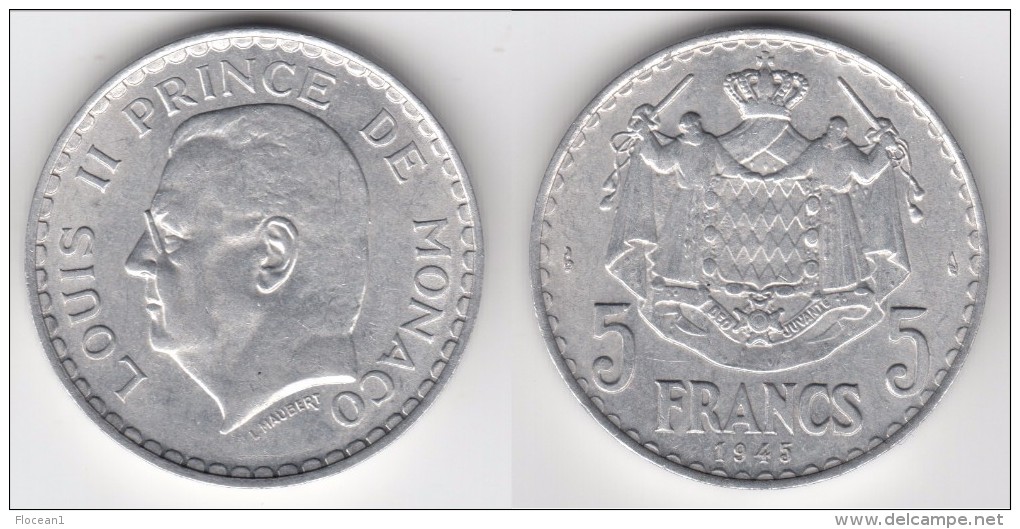 MONACO **** 5 FRANCS 1945 - ALUMINIUM - LOUIS II **** EN ACHAT IMMEDIAT !!! - 1922-1949 Louis II