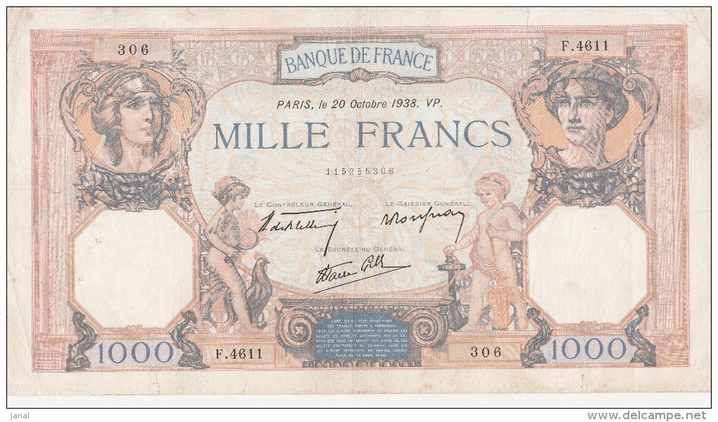 - BILLETS -  1000 F - CERES ET MERCURE -  N° - F - 4611 - -306 - 20 OCTOBRE 1938 - VP - - 1 000 F 1927-1940 ''Cérès Et Mercure''