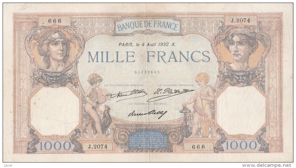 BILLETS - 1000 F CERES ET MERCURE - N° J 2074 - 666 - 4 AOUT 1932 . X - - 1 000 F 1927-1940 ''Cérès Et Mercure''