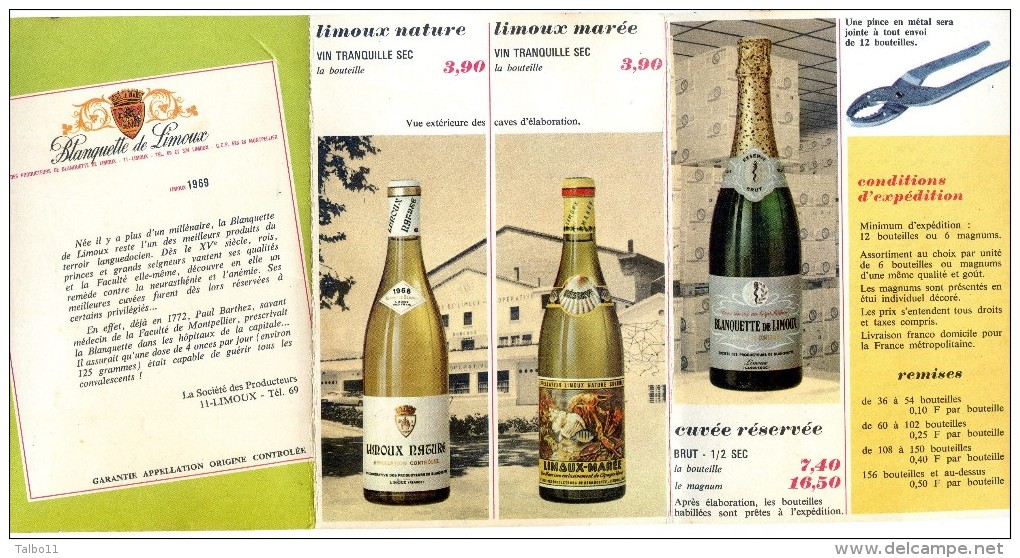 11 - Dépliant Publicitaire - Blanquette De Limoux - Société Coopérative Des Producteurs - 1969 - Agriculture