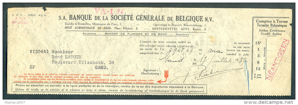 Société Genérale De Belgique 1937 Gand Gent René Latour - Bank & Insurance