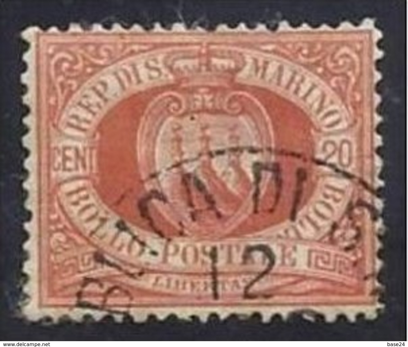 1877 San Marino Saint Marin CIFRA O STEMMA 20c Rosso (4) Usato USED - Used Stamps