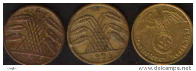 Three German Coins 10 Pf 1924.1925,1938 - 2/scans - 10 Renten- & 10 Reichspfennig