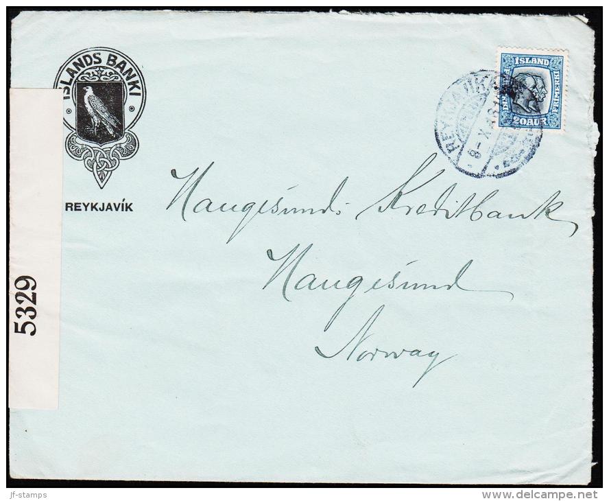 1918. Two Kings. 20 Aur Blue. Perf. 14x14½, Wm. Cross  REYKJAVIK 8 - X 1918. To Haugesu... (Michel: 82) - JF181832 - Briefe U. Dokumente