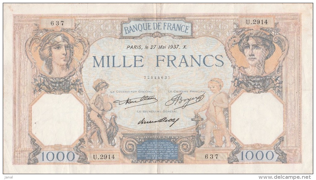 -  BILLETS - 1000 F - CERES ET MERCURE - N° - U . 2914 - 637 - 27 MAI 1937 - X - - 1 000 F 1927-1940 ''Cérès Et Mercure''