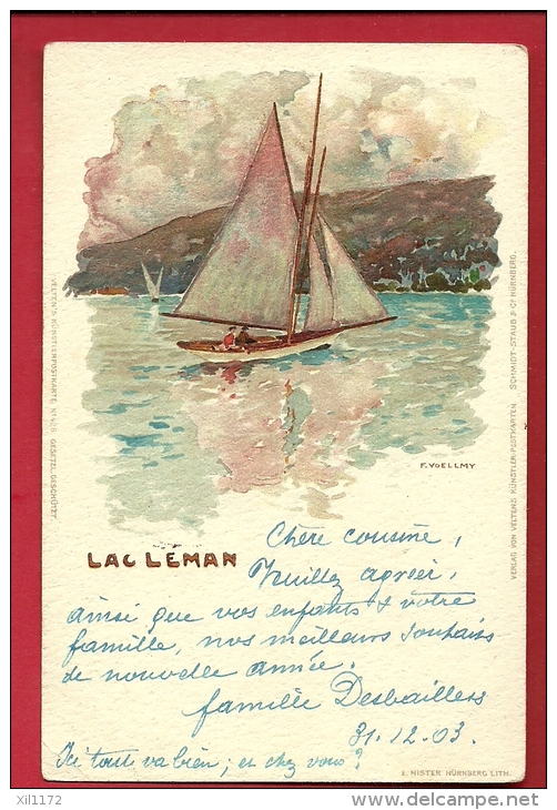 PAG-26  Litho Barque à Voile Sur Le Lac Léman. Litho. Précurseur. Cachets Genève Et L'Isle 1904 - L'Isle