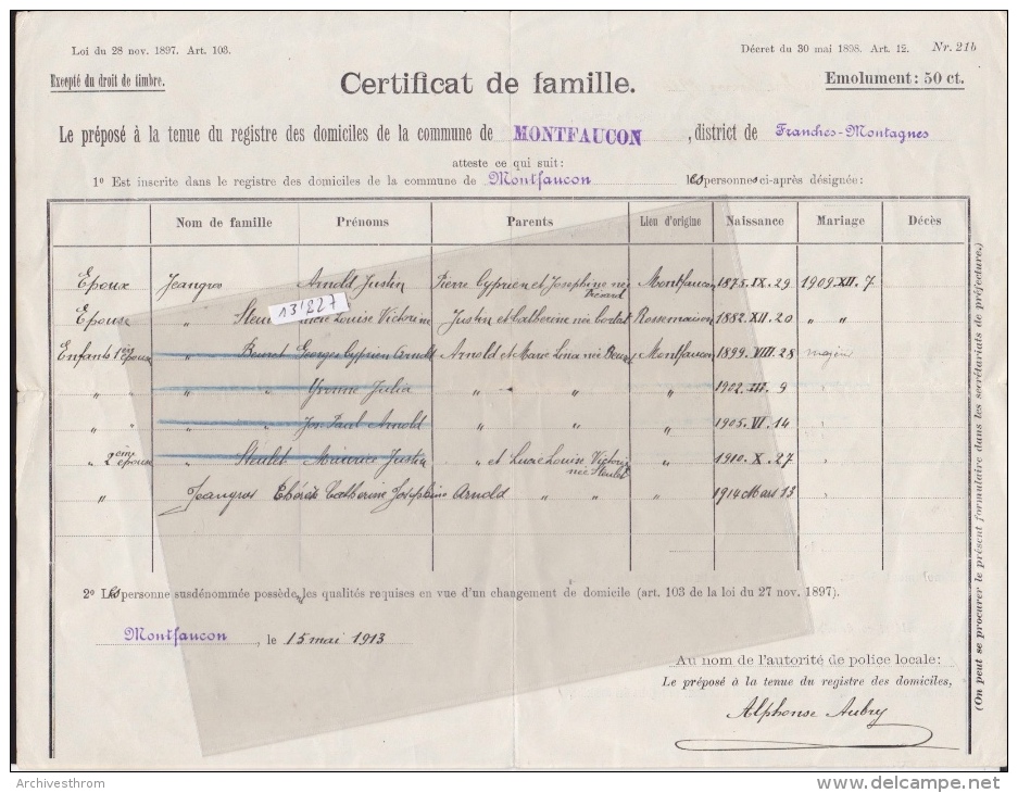 Montfaucon Jura - Franches-Montagnes, Doc. Ancien Certificat De Famille Jeangros En 1913 ; Format Pet'A4 (13´827) - Montfaucon