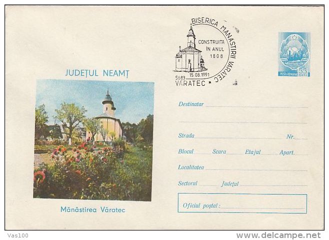 VARATEC MONASTERY, COVER STATIONERY, ENTIER POSTAL, 1991, ROMANIA - Abbayes & Monastères