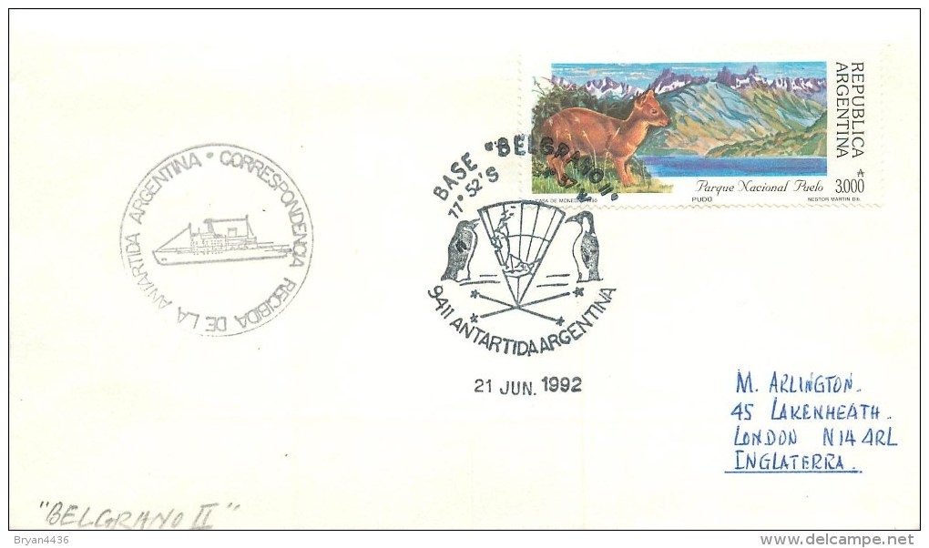 ARGENTINE - ANTARCTIQUE ARGENTIN - BASE "BELGRANO II" - LETTRE 1992 - BEAUX CACHETS - Briefe U. Dokumente