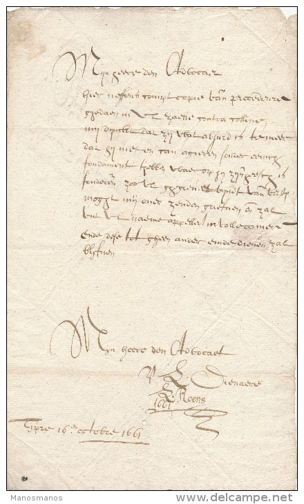 616/23 - Lettre PRECURSEUR YPRES 1661 Vers Un Avocat à BRUGGE - RARE Indication De Port à L'encre - 1621-1713 (Pays-Bas Espagnols)