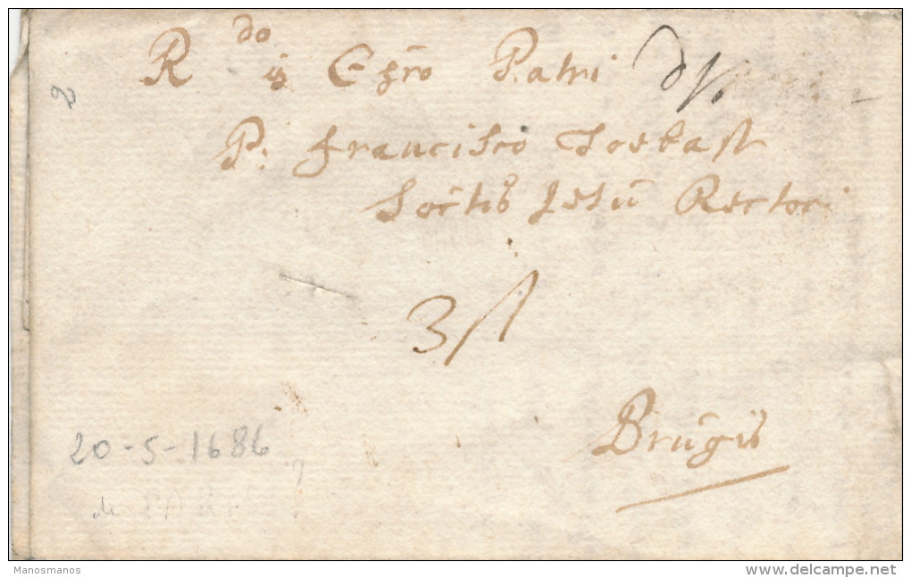 621/23 - Lettre PRECURSEUR YPRES 1686 Vers BRUGES - RARE Deux Ports Encre 3 Stuyvers Et 10 Deniers - Texte Latin - 1621-1713 (Pays-Bas Espagnols)