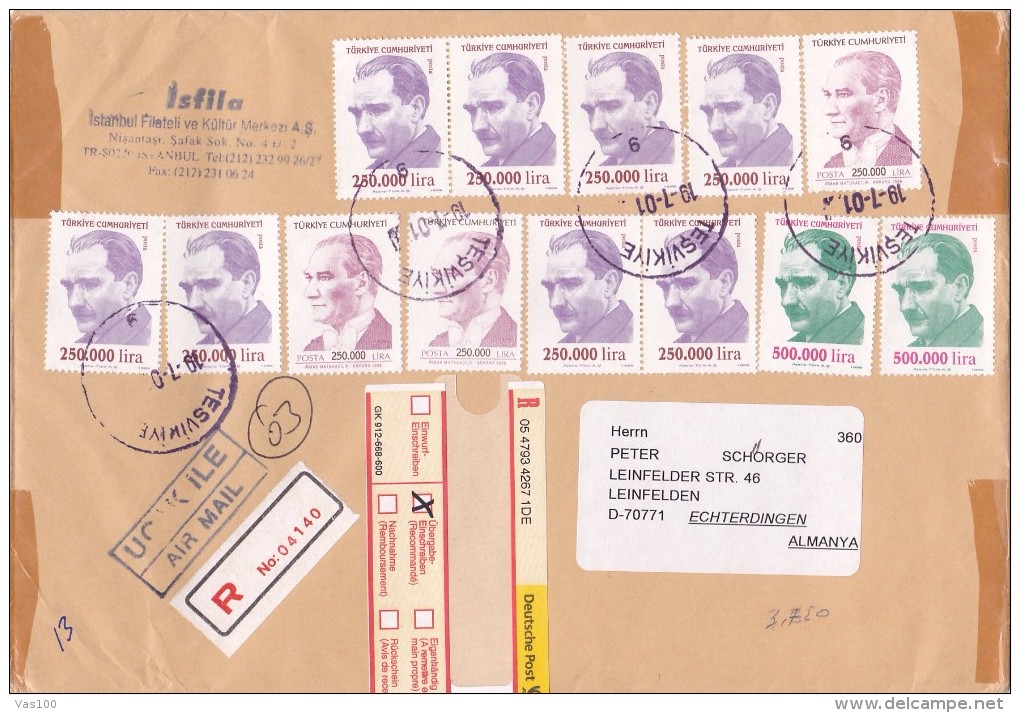 REGISTERED COVER  13 STAMPS 2001 TURKEY. - Briefe U. Dokumente