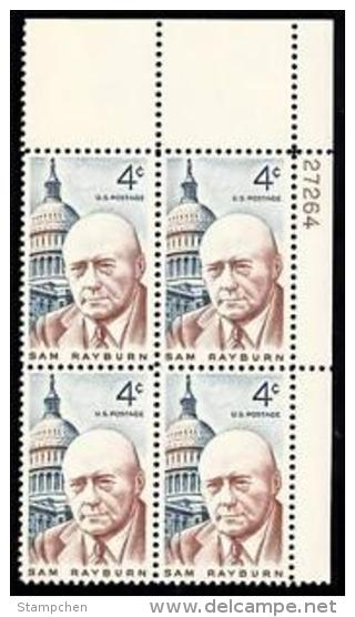 Plate Block -1962 USA Sam Rayburn Stamp Sc#1202 Famous White House - Plaatnummers