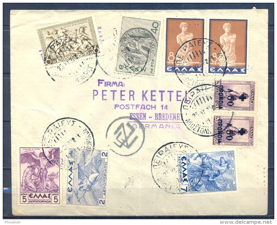 1938 , GRECIA , SOBRE CIRCULADO ENTRE PIREO Y ESSEN , MARCAS DE CONTROL POSTAL , TRÁNSITO RODILLO DE ATENAS - Briefe U. Dokumente