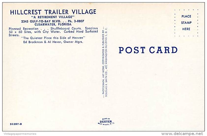 257473-Florida, Clearwater, Hillcrest Trailer Village, Douglas R Smith By Dexter Press No 31287-B - Clearwater