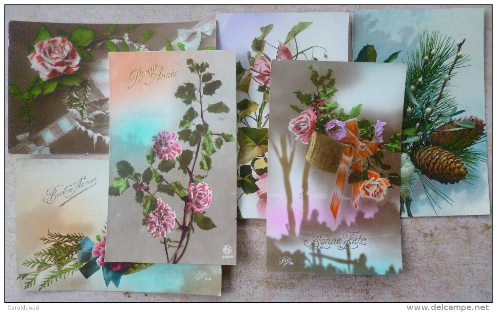 CP Lot 6 X Photo Montage Fantaisie Langage Des Fleurs Gui Lierre Sapin Pensée Timbre Belgique - Colecciones Y Lotes