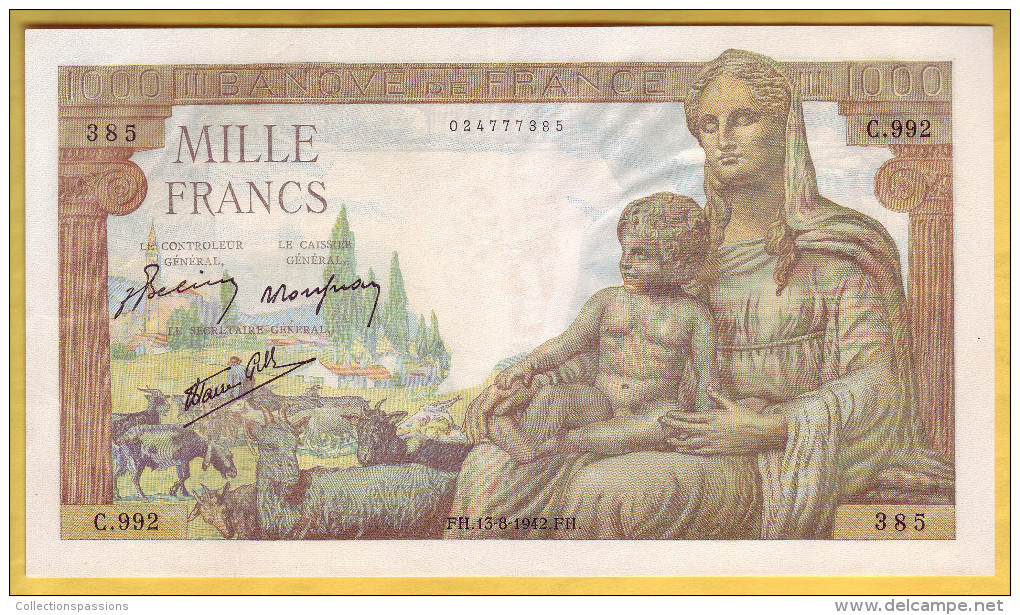 BILLET FRANCAIS - 1000 Francs Déesse Déméter 13.8.1942 SPL - 1 000 F 1942-1943 ''Déesse Déméter''