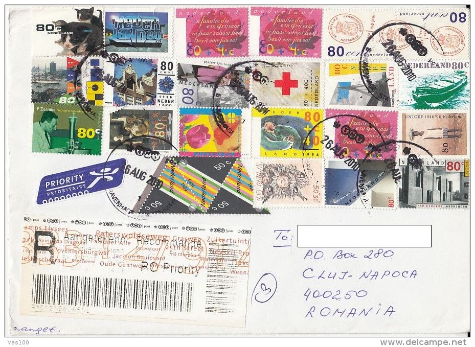 CAT, SHIP, FLOWERS, RED CROSS, INDUSTRY, BRIDGE, QUEEN BEATRIX, UNICEF, STAMPS ON REGISTERED COVER, 2010, NETHERLANDS - Briefe U. Dokumente