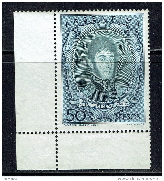 1954    Gen Jose De San Martin 50 Pesos Sc 642a Perf 13 &frac12; Corner Copy - Unused Stamps