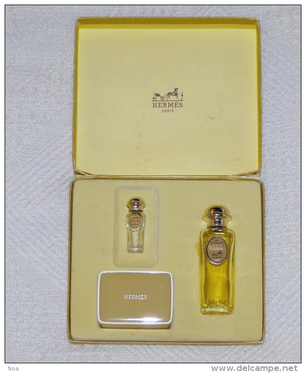 Ancien Rare Coffret Vintage «Calèche» Miniatures : Parfum, Eau De Toilette Et Savon «Hermès» Paris Au Contenu Partiel - Miniaturen (met Doos)