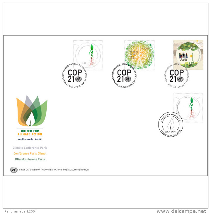 France - ONU UN 2015 COP 21 COP21 Climat Climate Joint Issue Emission Commune FDC 4 Stamps / Timbres - New York/Geneva/Vienna Joint Issues