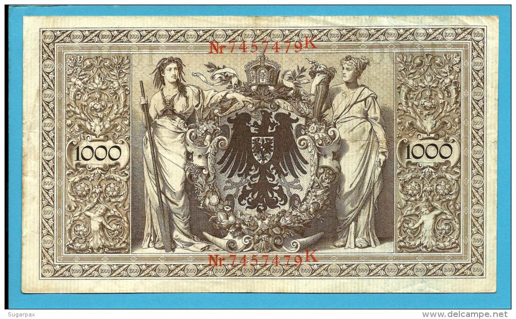 GERMANY - 1000 MARK - 1910 - Pick 44.b - 7 Digit RED SEAL - ( 189 X 109 ) Mm - REICHSBANKNOTE - IMPERIAL BANK NOTES - 1000 Mark