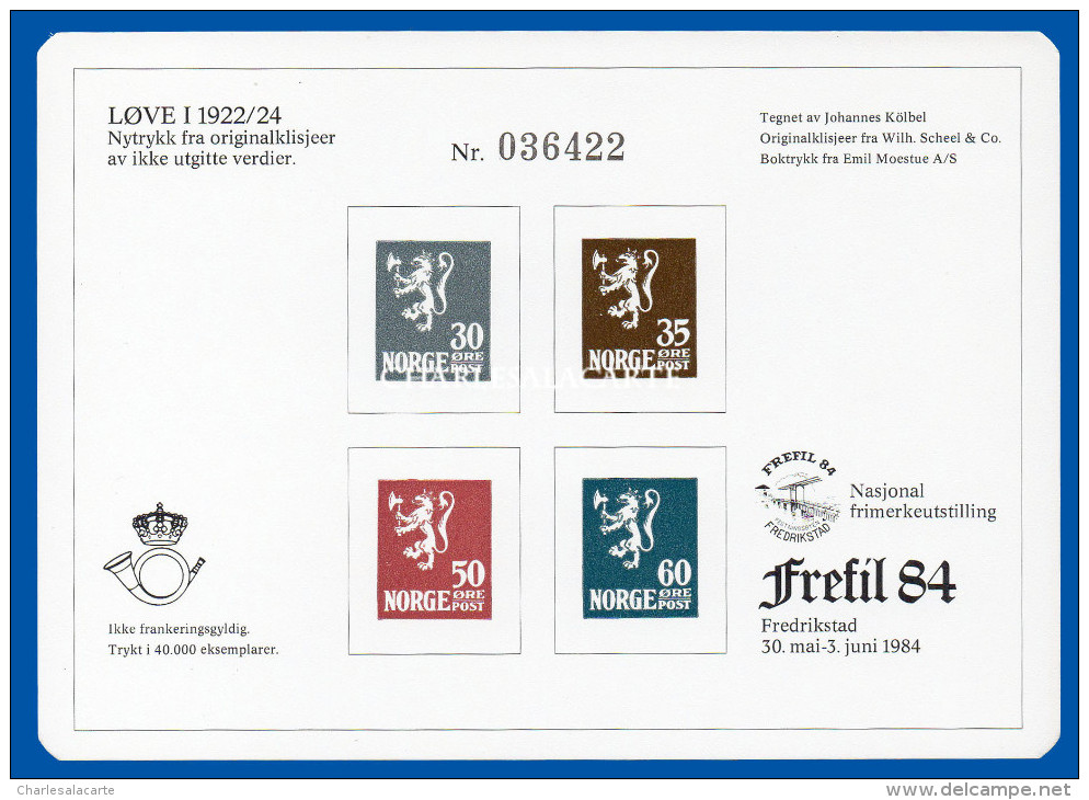 NORWAY 1984  FREFIL 84 PUBLICITY CARD  REPRINT LION STAMPS  EXCELLENT CONDITION - Probe- Und Nachdrucke