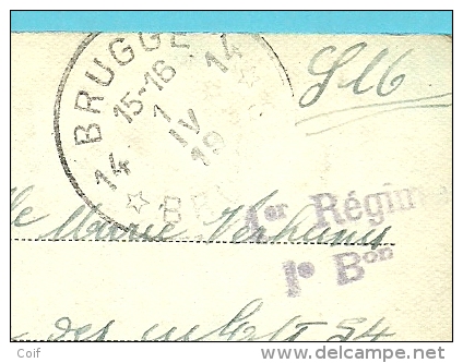 Kaart Met Postagentschapstempel (Agence) * BRUGGE 14 * Op 1/4/19 , Met Stempel 1° Rérgim. / 1° Bon - Marques D'armées