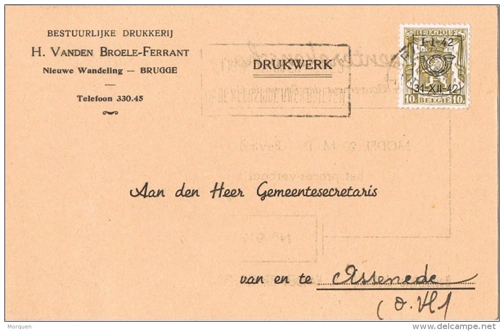 16405. Tarjeta Privada Preobliterado  BRUGGE (Belgien) 1942. Roulotte.Vanden Broele Ferrant - Roller Precancels 1900-09