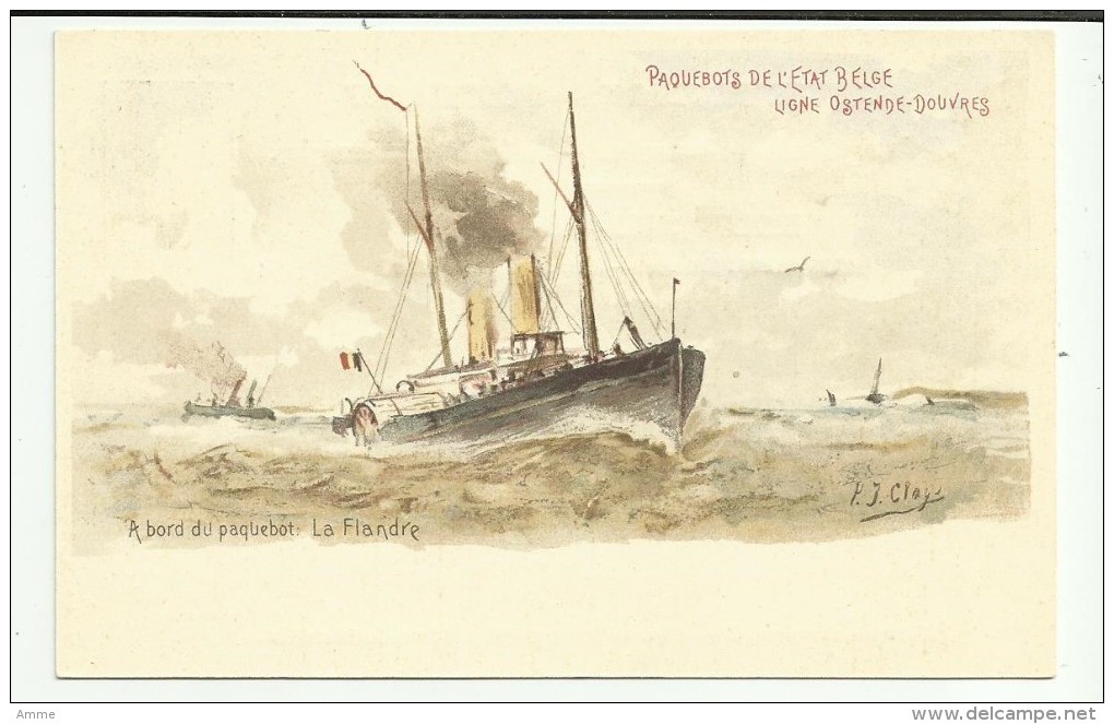 Oostende  *   A Bord Du Paquebot  De L'Etat Belge, Ligne Ostende - Douvres  - La Flandre  (P.J. Clays) 5 Ct. - Liner Cards