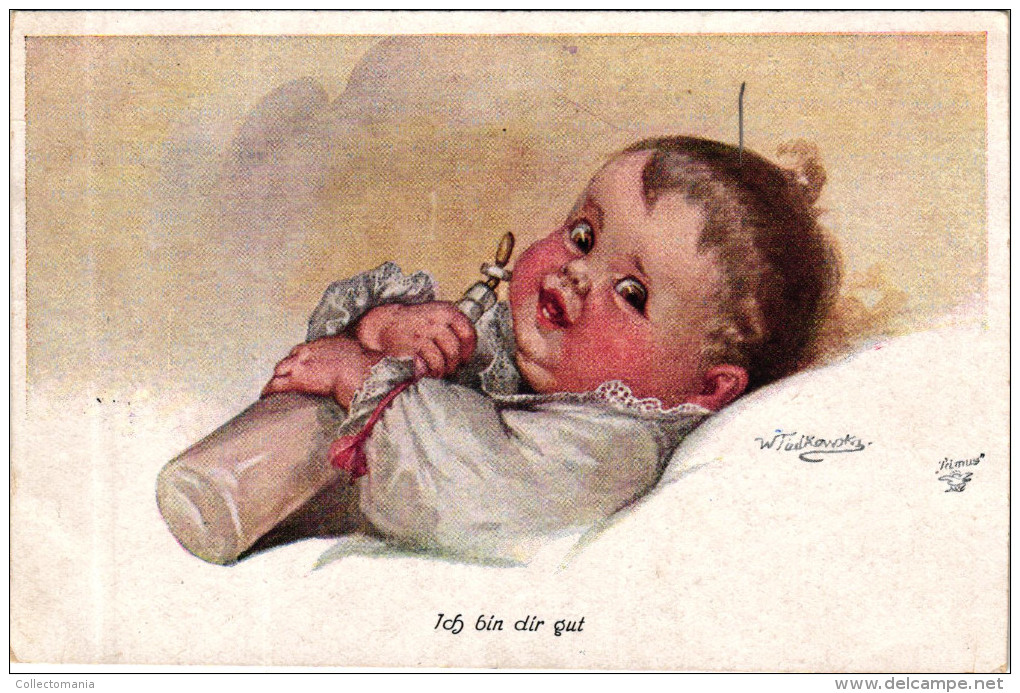 4 Postcards Wally Fialkowska Artist Signed & Numbered Baby With Feeding Bottle  Biberon Ich Kan Es Nicht Erwarten Serie - Fialkowska, Wally