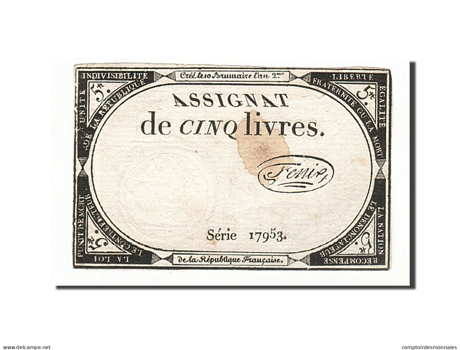 Billet, France, 5 Livres, 1793, 1793-10-31, Fenix, TB+, KM:A76, Lafaurie:171 - Assignats