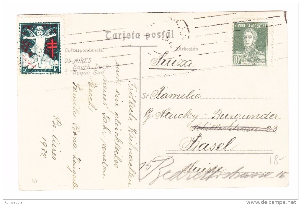 Argentinien 10c. Und Vignette 5c. 1932 AK Nach Basel Motiv Hafen Süd Von Buenos-Aires - Buenos Aires (1858-1864)