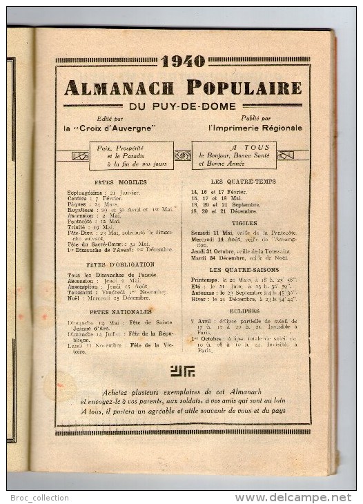Almanach Populaire Du Puy-de-Dôme Pour 1940, Guerre 1939 - 1945, Auvergne - Auvergne