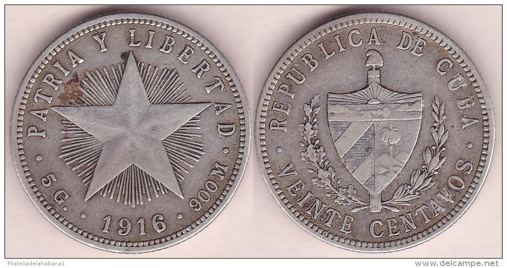 1916-MN-106 CUBA REPUBLICA 20c KM# 13.2 1916. ESTRELLA. SILVER 5 Gr - Cuba